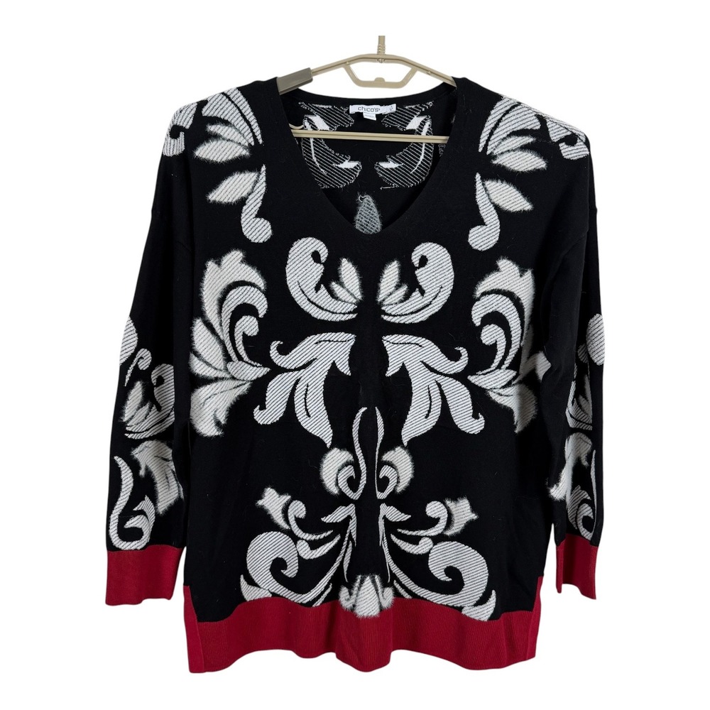 Chico's Women Floral V-Neck Sweater Tunic Size 3 (US XL) Boho Artsy Statement